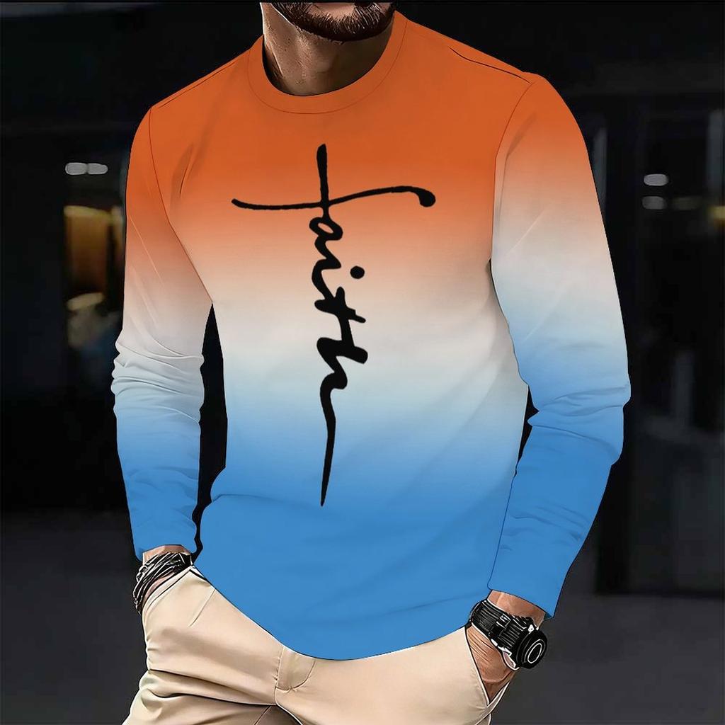 Men Gradient Color Crew Neck Long Sleeve T Shirt Faith Letter Print Casual Daily Wear Top For Spring Autumn