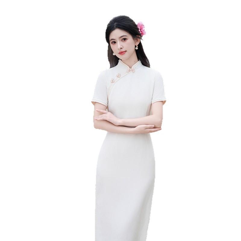 Ai Qi Embroidered Cheongsam, Young Style, Improved Temperament, Long Style, Solid Color, Plain and Elegant Girls' Summer New Cheongsam
