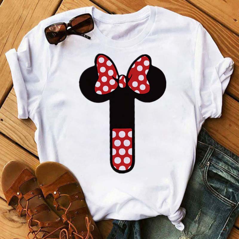 Cute Unisex Tee Cartoon Mickey Mouse Blouse Tops Letter Print T-Shirt Minnie White Tshirt Loose Hippie Clothes