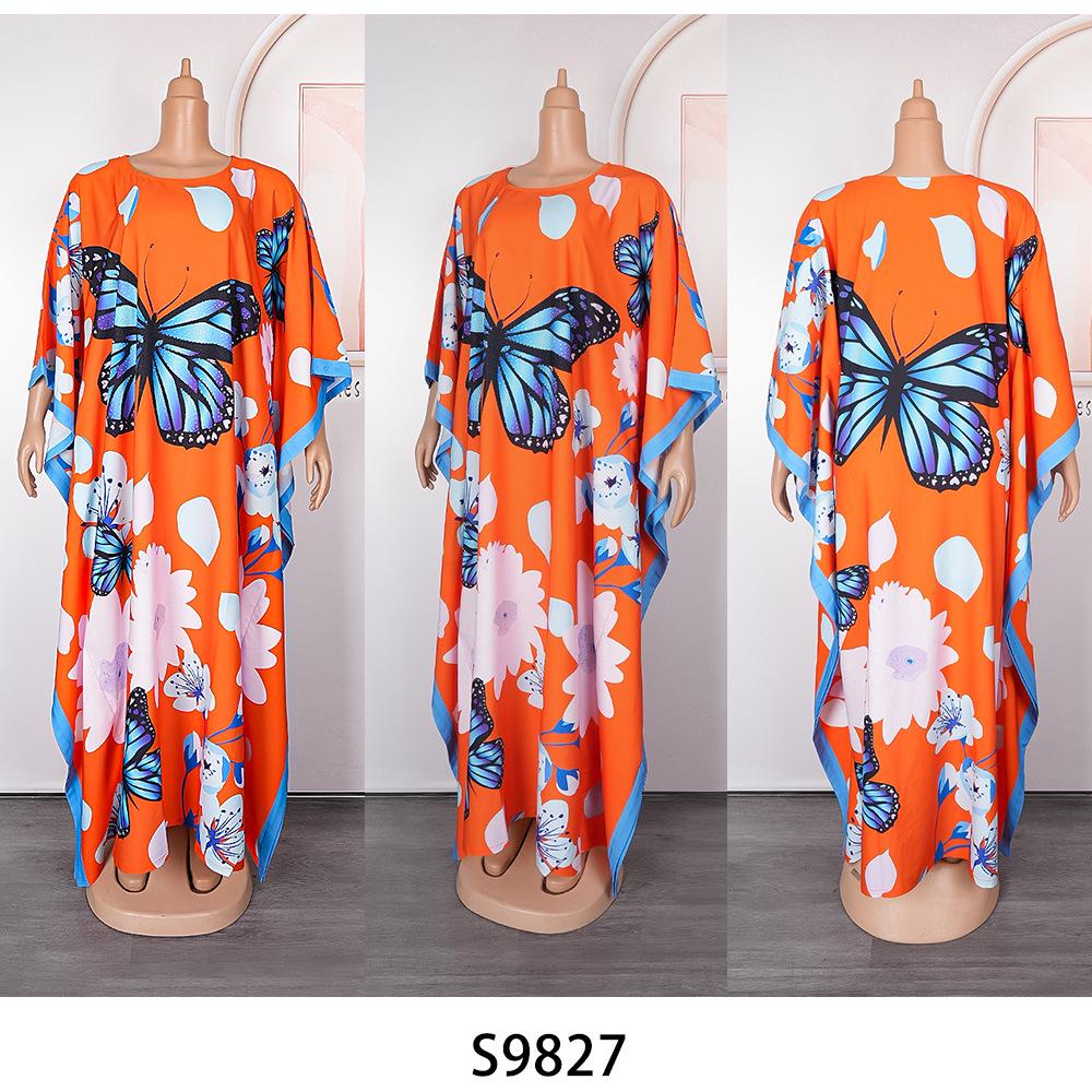African Batwing Sleeve Chiffon Robe: Loose Plus Size Muslim Women's Printed Dress