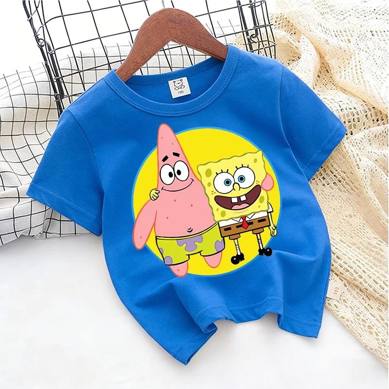 SpongeBob TShirt for Kids Cartoon Design Round Neck for Boys and Girls Cotton Casual Streetwear Short Sleeve Kids Tops