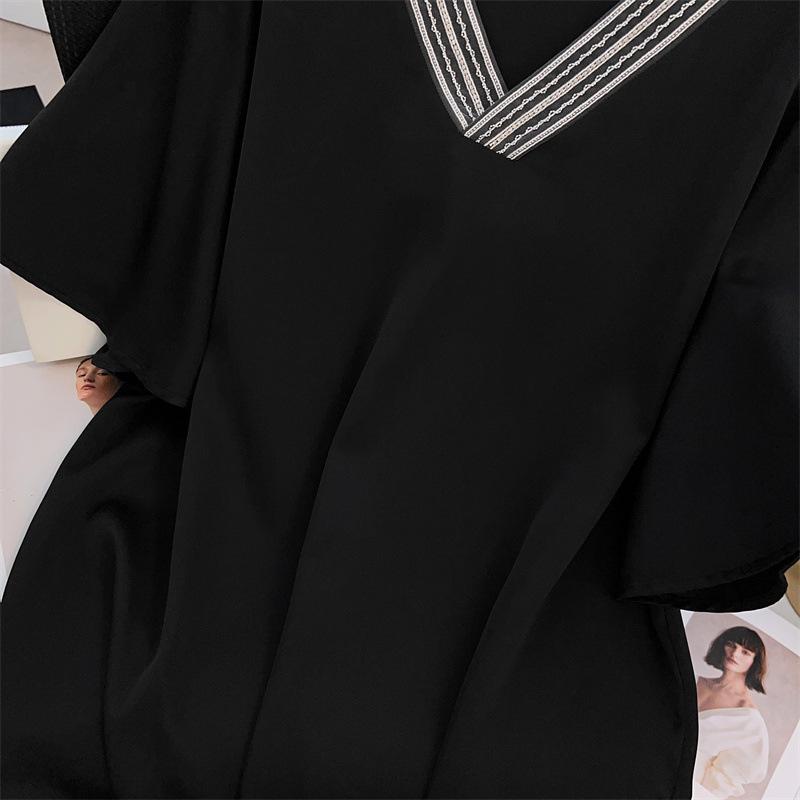 Women's Plus Size V-Neck Chiffon Short Sleeve Mid-Length Loose T-Shirt 