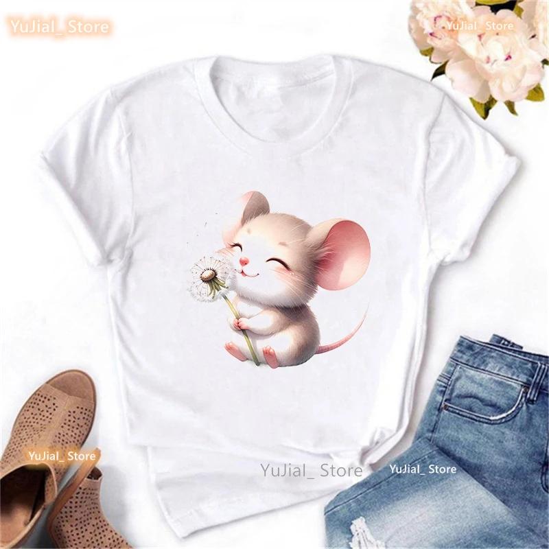 Mouse Wish Dandelion Print T Shirt Girls Kawaii Clothes Summer Fashion Tops Tee Shirt Unisex Harajuku Shirt