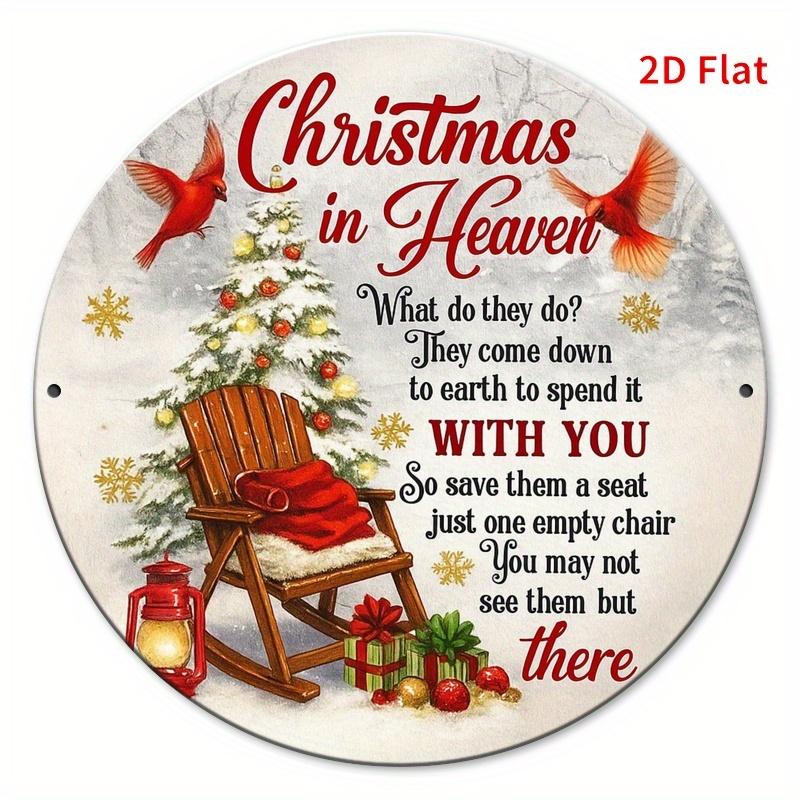 plaintextVintage Christmas in Heaven Round Metal Sign Red Cardinal Empty Chair Memorial Tin Plaque Sympathy Holiday Wall De 20x20cm(8x8inch)
