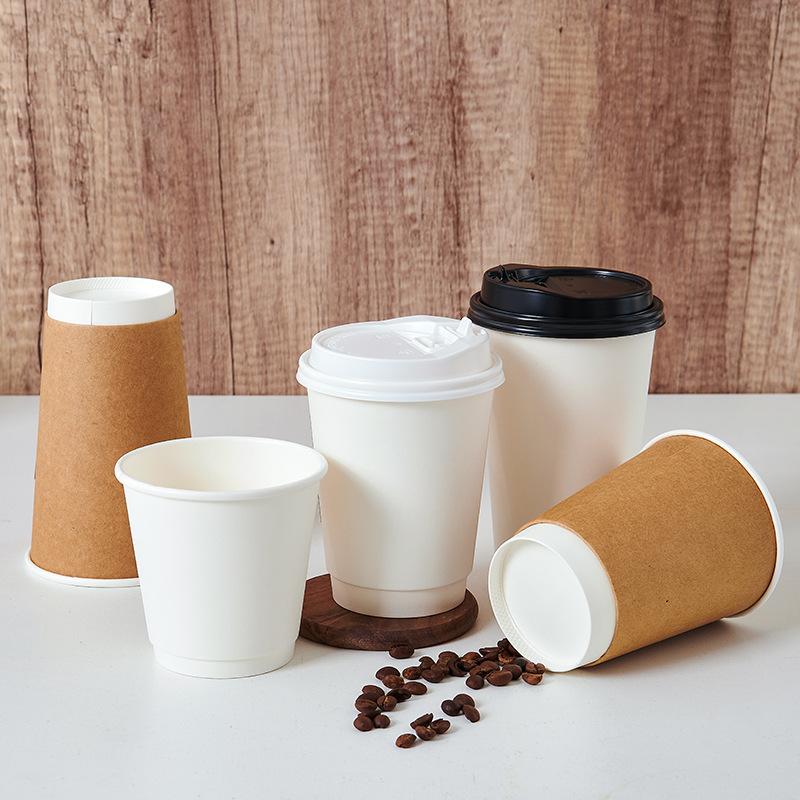 25pcs Disposable Double-layer Coffee Cup Thickened Heat-insulating Kraft Paper Cup Hollow Heat-resistant Beverage Cups Sealed Leak Proof Lid