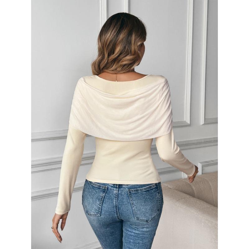 Spring Autumn Elegant Fashion Slim Patchwork Pullover Tee Women Long Sleeve Solid Color Bottomed Tee Top