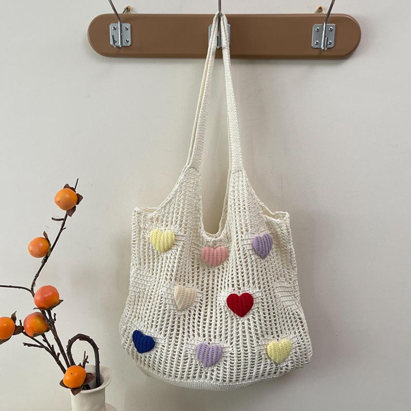 Hollow Out Lover Heart Thread Woven Bag Beach Handbag Tote Bag Beach Bag Large Capacity Bohemian Style Shoulder Bag Girls CLE