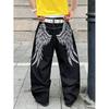 Vintage Washed Wide Leg Straight Jeans Men - High Waist Loose Fit Casual Denim Pants With Embroidered Angel Wing Print