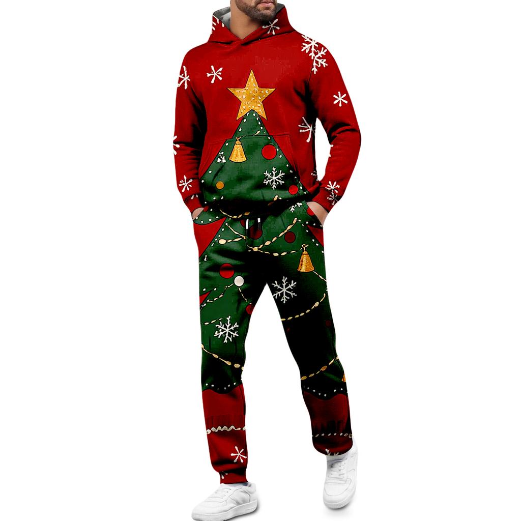 Men's Christmas Two-piece Hooded Sweatshirt, Jogging Pants, Sports Pants Set
