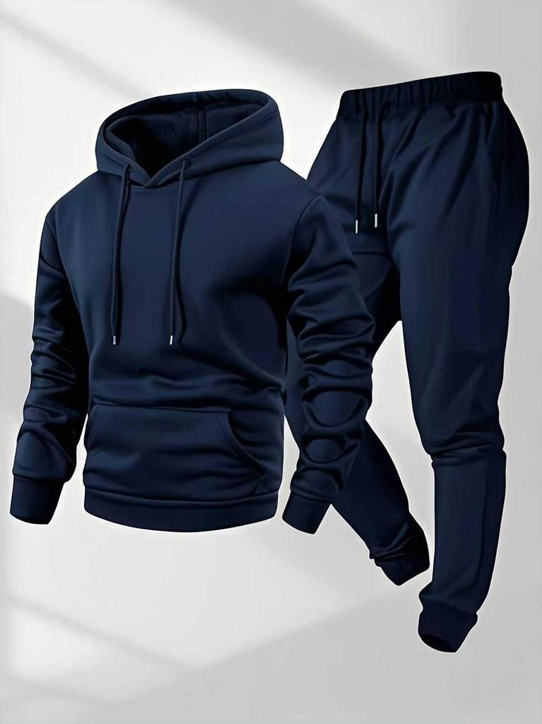 250g Men's Trendy Sports Hoodie & Sweatpants Set - Plain Color