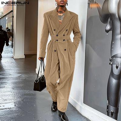 Männer Revers V-Ausschnitt Langarm Cord Jumpsuits Knöpfe Lange Strampler