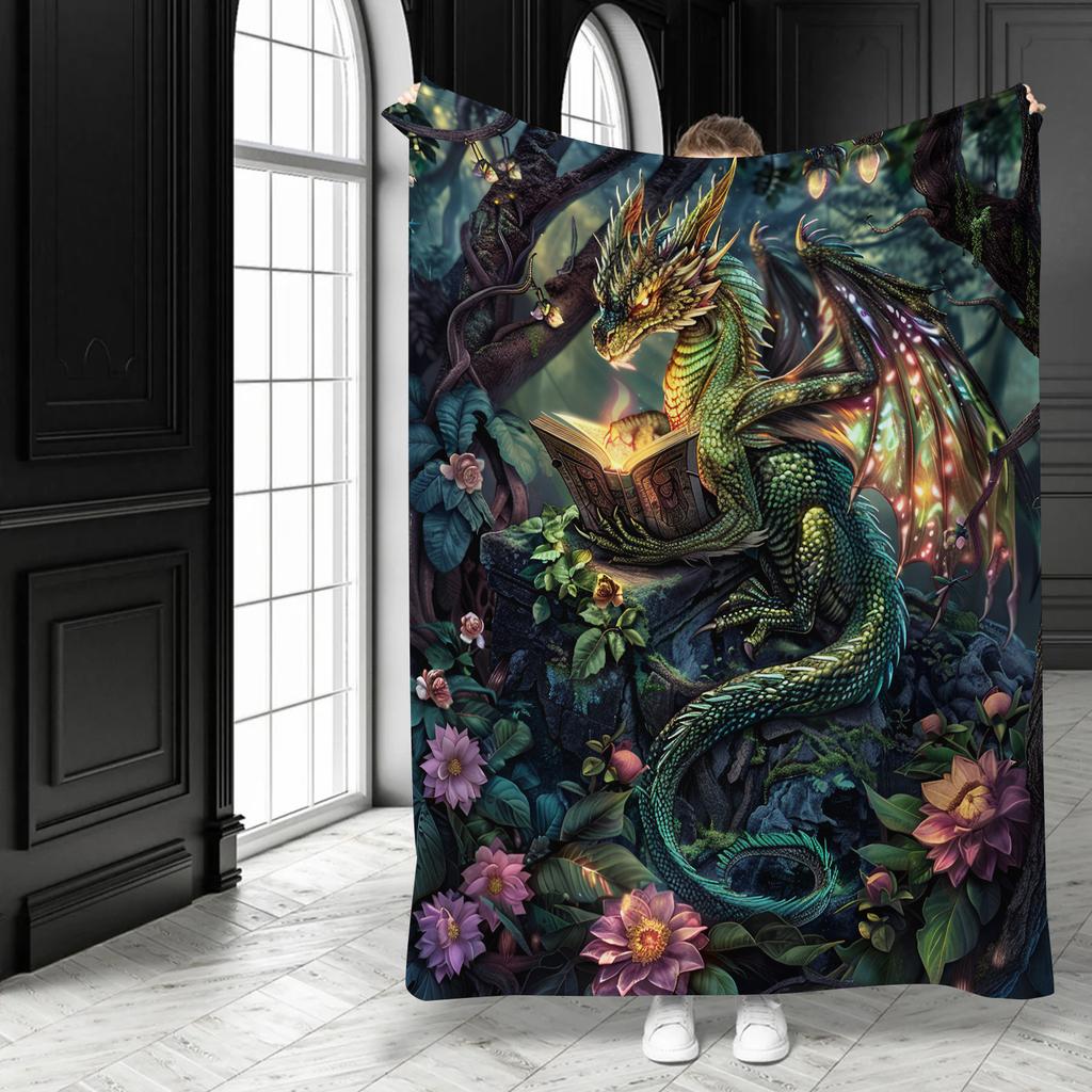 Magical Forest Dragon Reading Books Throw Blanket - Fantasy Botanical Floral Motif Soft Lightweight Accent for Sofa Bed Travel