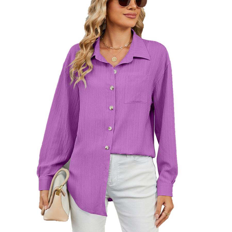 New Women's Casual Loose Long Sleeve Crew Neck Button Solid Color Shirt