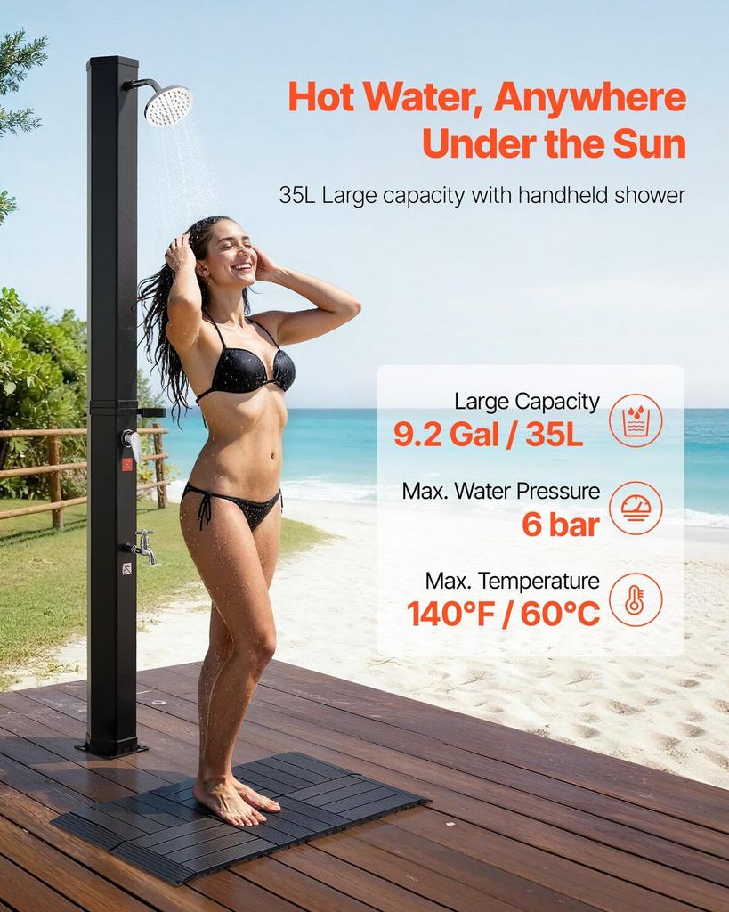 35L Solar Heated Shower, 195cm Showerhead Height Outdoor Shower, with Floor Kit & Foot Faucet, Hot & Cold Water Adjustment, Freestanding for Backyard