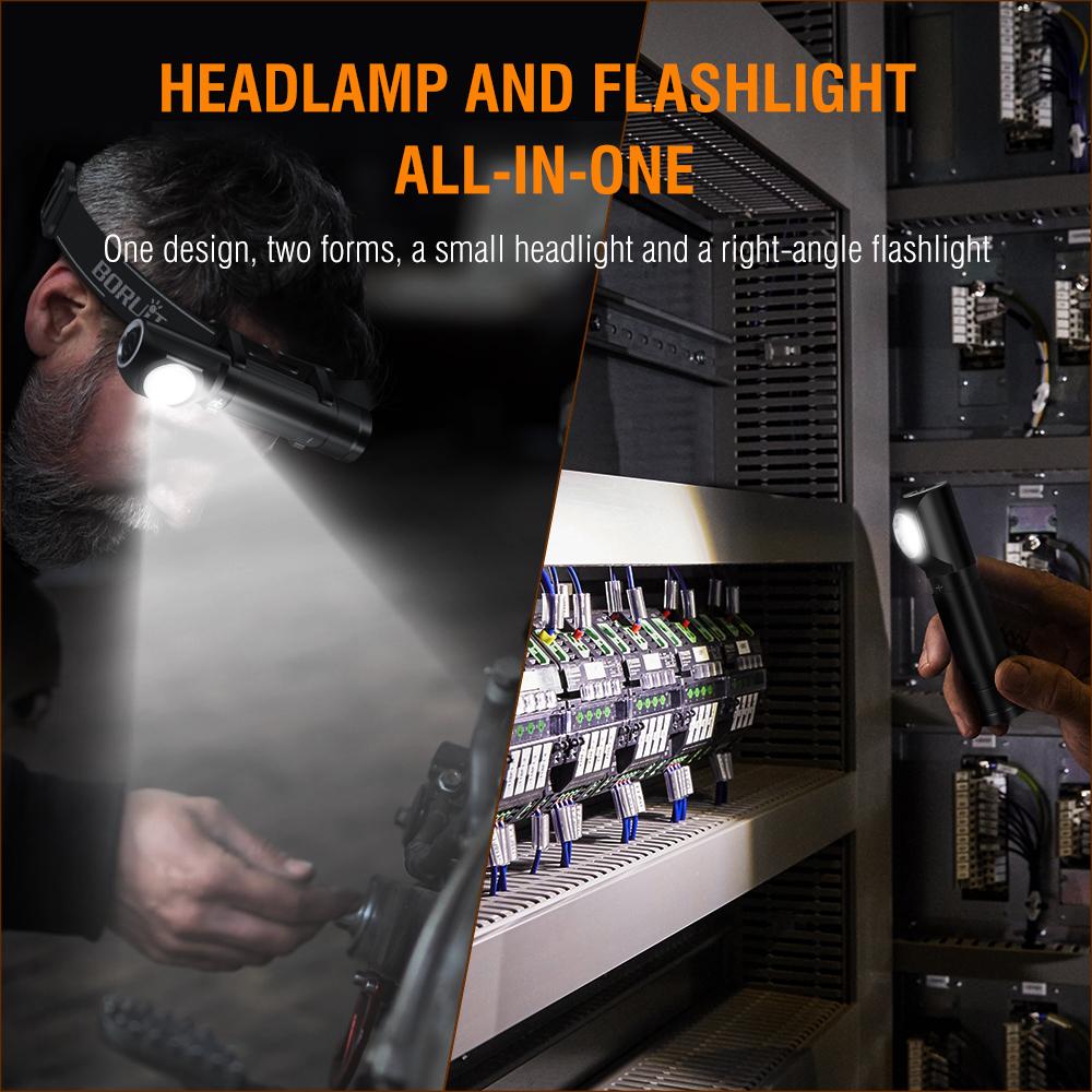 BORUIT HP100 LED Headlamp Headband Right Angle Flashlight 18650 TYPE-C Rechargeable Outdoor Head Lamp Torch Work Light