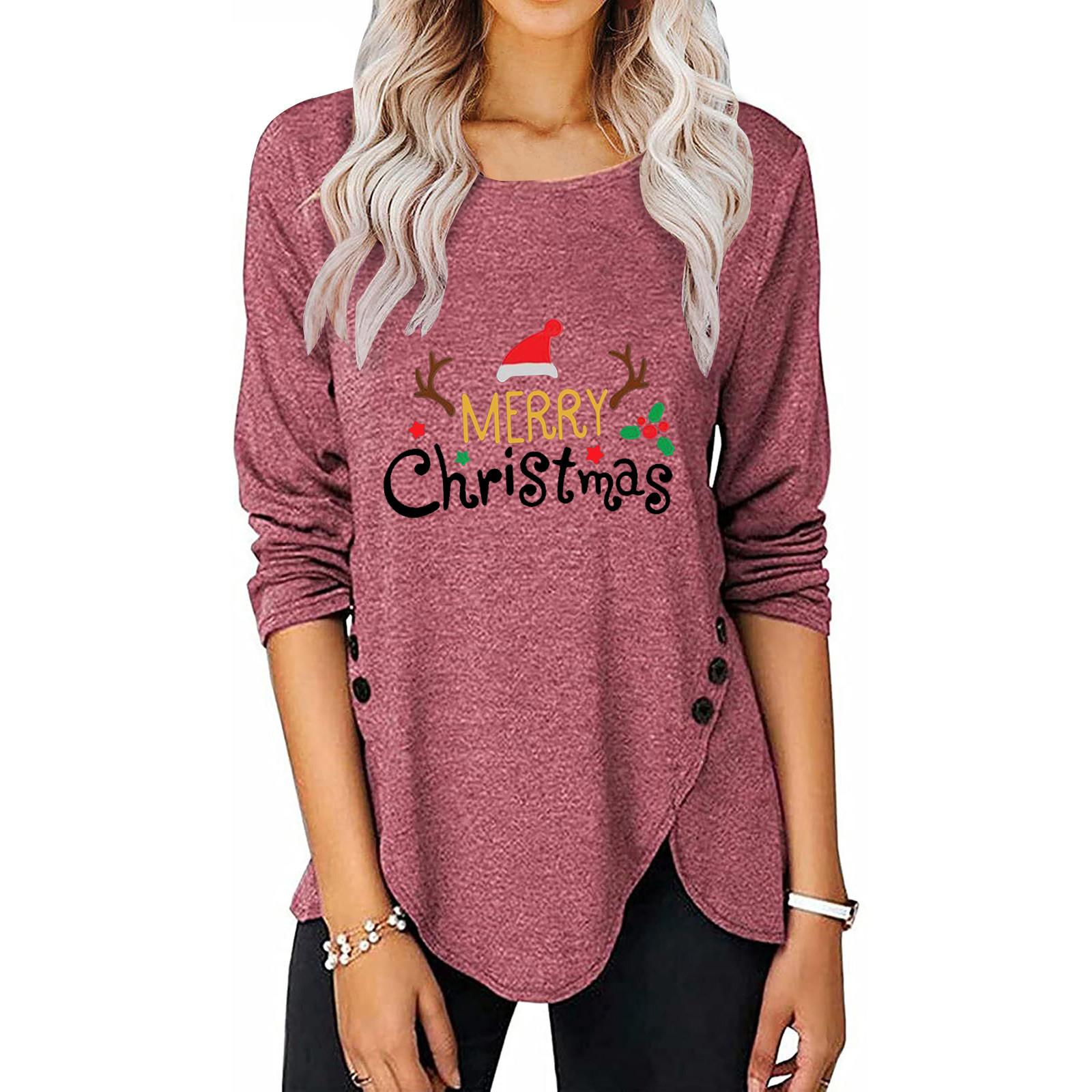 

Женская мода, повседневная свободная футболка с длинными рукавами и рождественским принтом лося, веселыми рождественскими пуговицами XXL красный