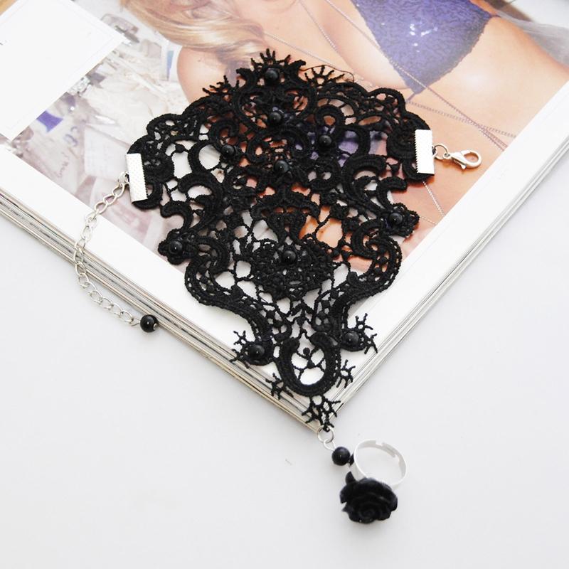 2colors Women Rose Beads Flower Lace Gloves Goth Style Adjustable with Ring Long Bracelet Wedding Bridal Accessories