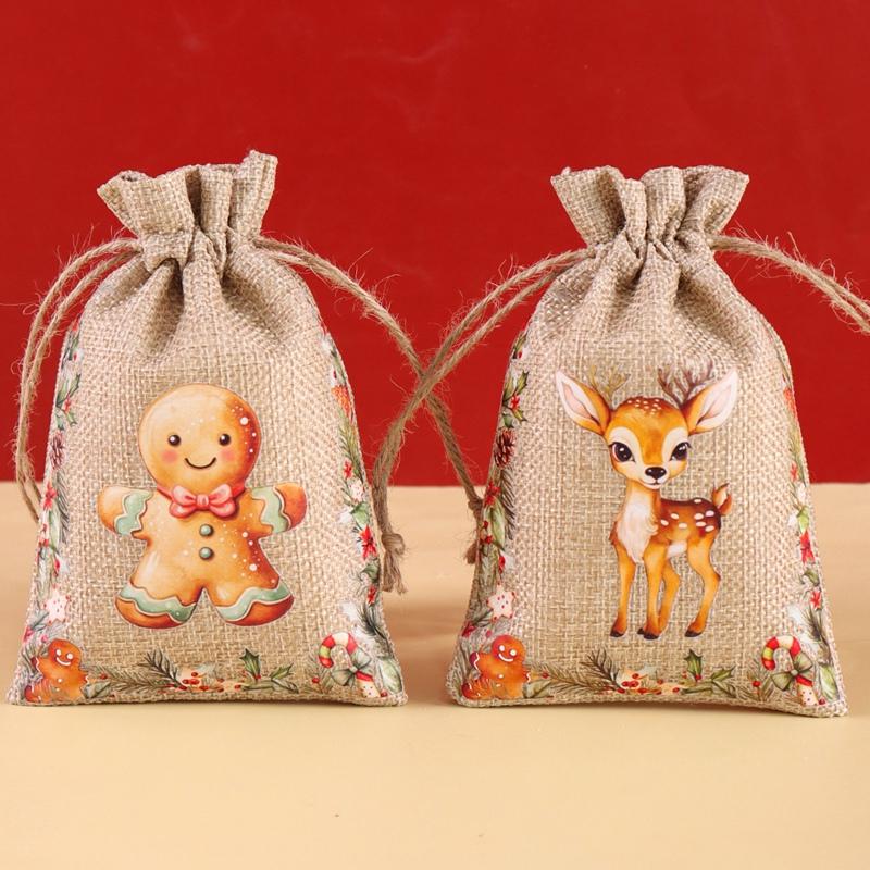 6pcs Watercolor Christmas Linen Candy Bags Burlap Drawstring Gifts Storage Bags Christmas Decorations 2026 Xmas Navidad Natal