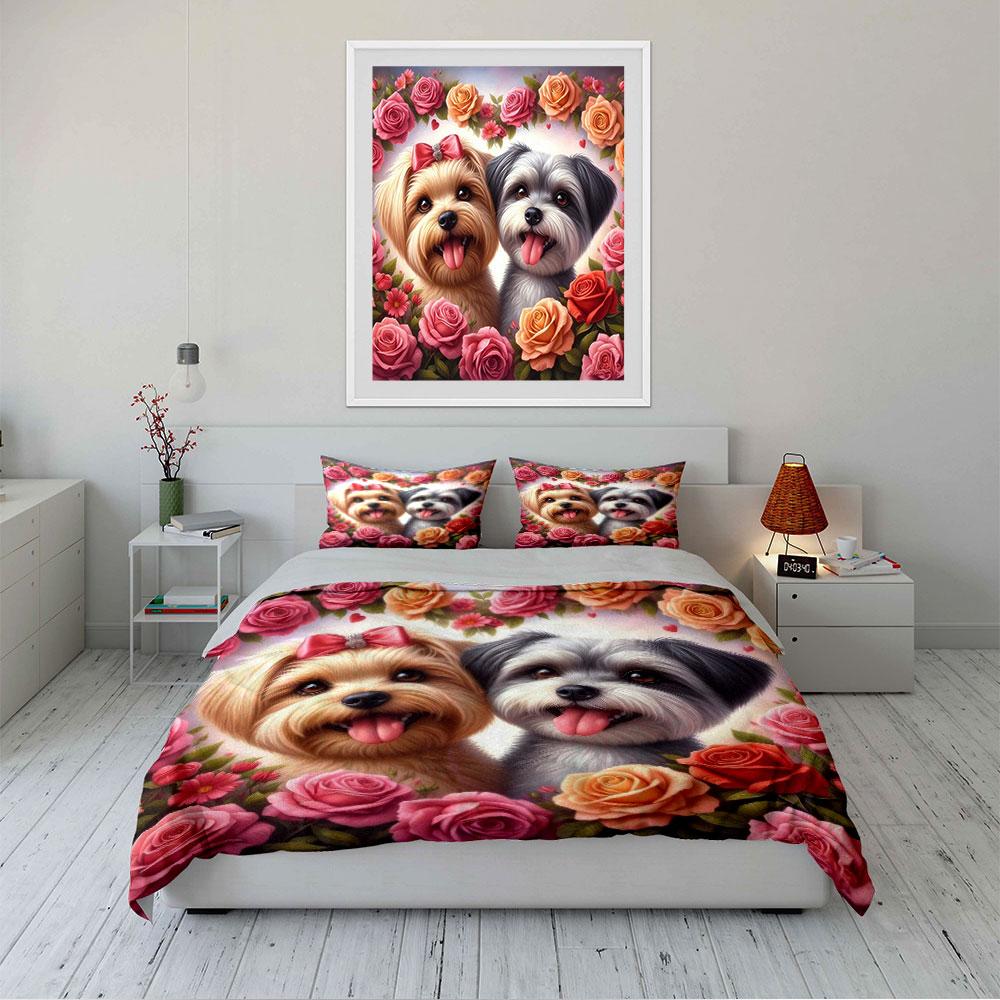 Cute Dogs with Roses Pattern Bedding Duvet Cover Set (1*Duvet Cover 2*Pillowcases, Without Duvet Insert)
