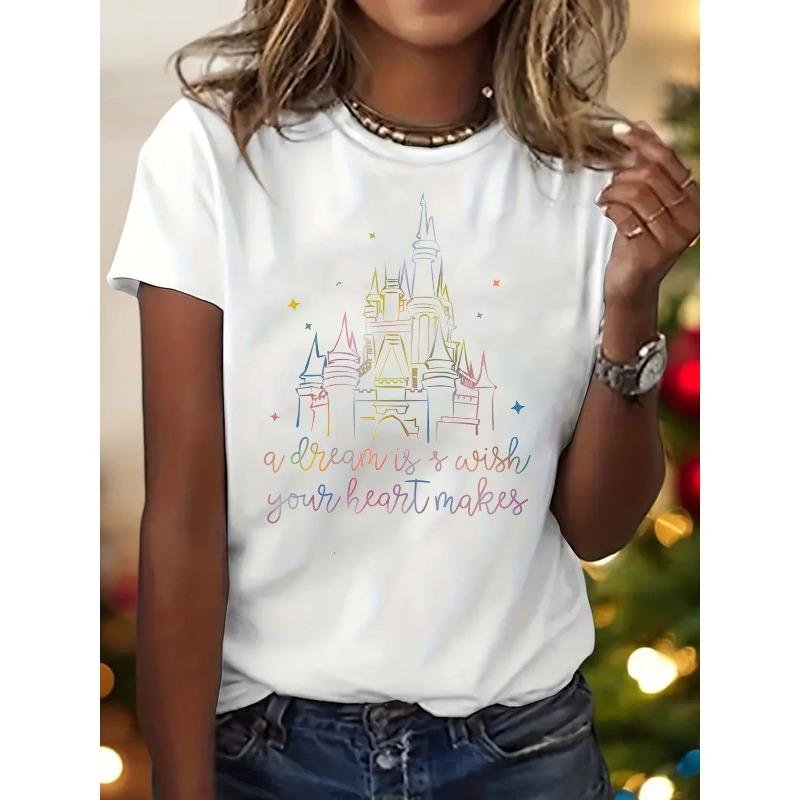 

Casual Summer Top for Women Featuring a Graphic Print of a Dream Castle, with Short Sleeves And a Crew Neck S белый