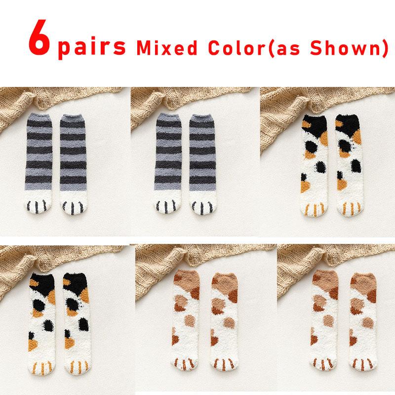 6 Pairs Woman Socks Set Cartoon Cute 3D Dog Cat Paw Pattern Winter Female Fleece Warm Home Floor Sleeping Thick Socks