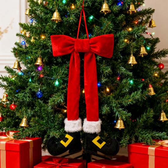 Ornament Picior Elf de Crăciun 14 Inch Roșu Pluș Picior Elf Ornament Agățat cu Fundă de Catifea pentru Coroană Pom de Crăciun Ușă Perete Decor de Sărbători