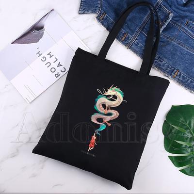 Spirited Away Unisex Handbags Custom Canvas Tote Bag Print Daily Use Reusable Travel Casual Shopping Bag Black