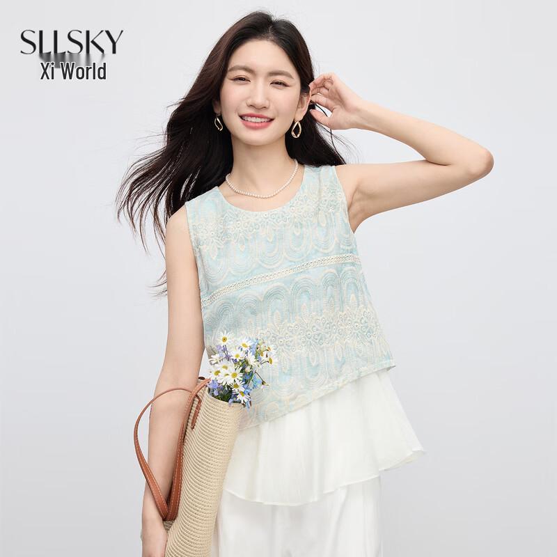 Sllsky Women s Embroidered Sleeveless Faux Two-Piece Top L