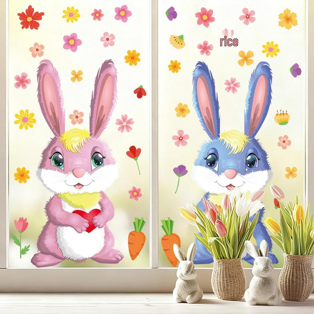 New 2026 Easter Cartoon Rabbit and Colored Eggs Window Clings - Electrostatic Stickers for Mall and Shop Glass Decorations