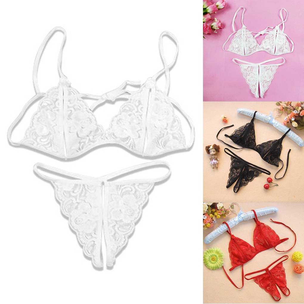 Women Lace Lingerie Sleepwear Bodydoll Hollow Out String Pants Briefs Pajamas Open Underwear