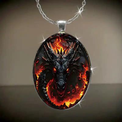 Red Fire Dragon Pattern Oval Glass Pendant Necklace
