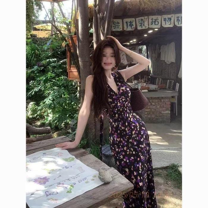 Floral suspender dress summer thin Tyrande spring printing sleeveless waist white fashion long dress tide S