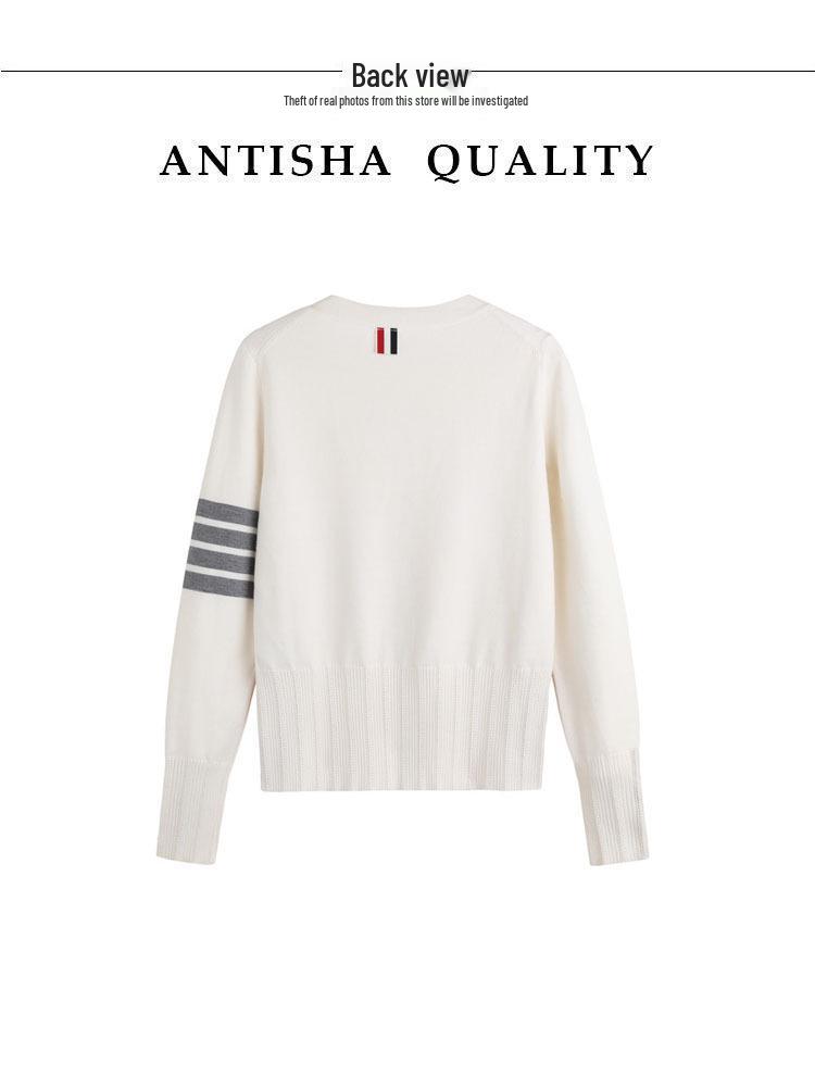 TbB Women's Knitted Cardigan - Trendy Four-Stripe College Style, Versatile Spring/Autumn Sweater Coat