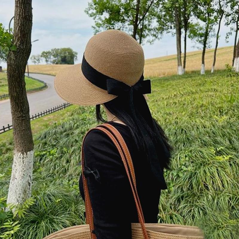 Large Brim Sun Hat Children'S Summer French Elegant Bow Webbing Straw Hat Versatile Sunscreen Visor