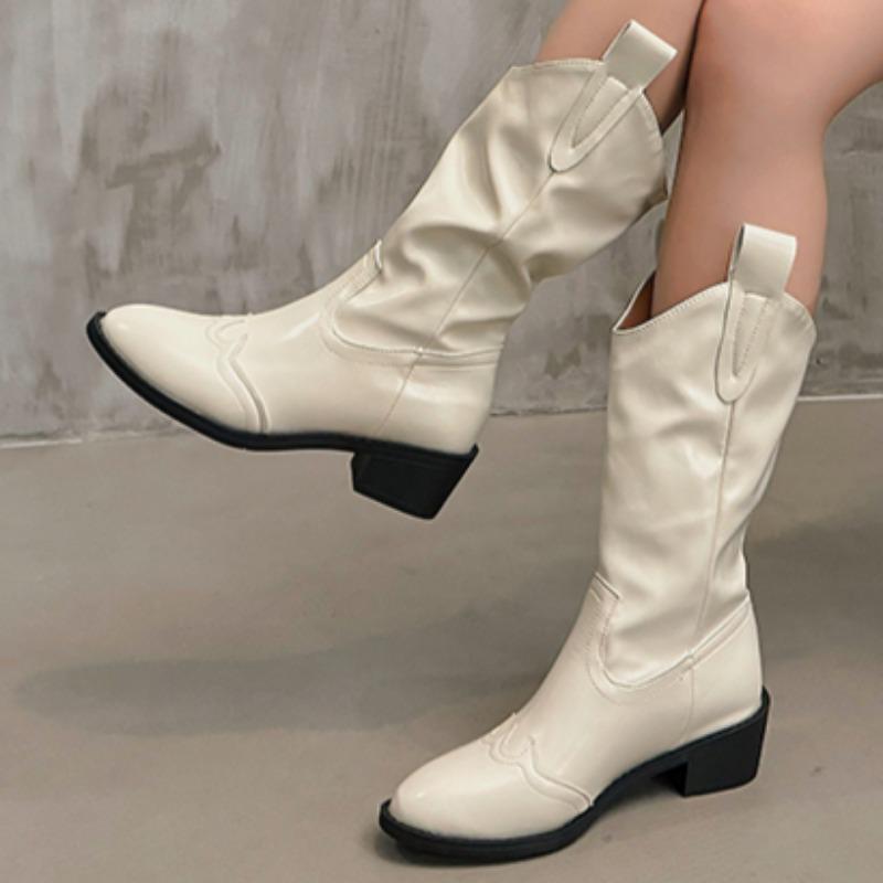 Pointed Toe Women High Boots Designer Chunky Leather Shoes Winter 2025 Trend Goth Pumps Shoes Fad Mid Calf Chelsea Botas Mujer