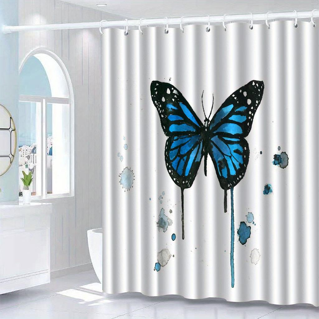 Blue Butterfly Shower Curtain, High-end Elegant and Anti-fog Bathroom Curtain,  Bathroom Decoration Pattern