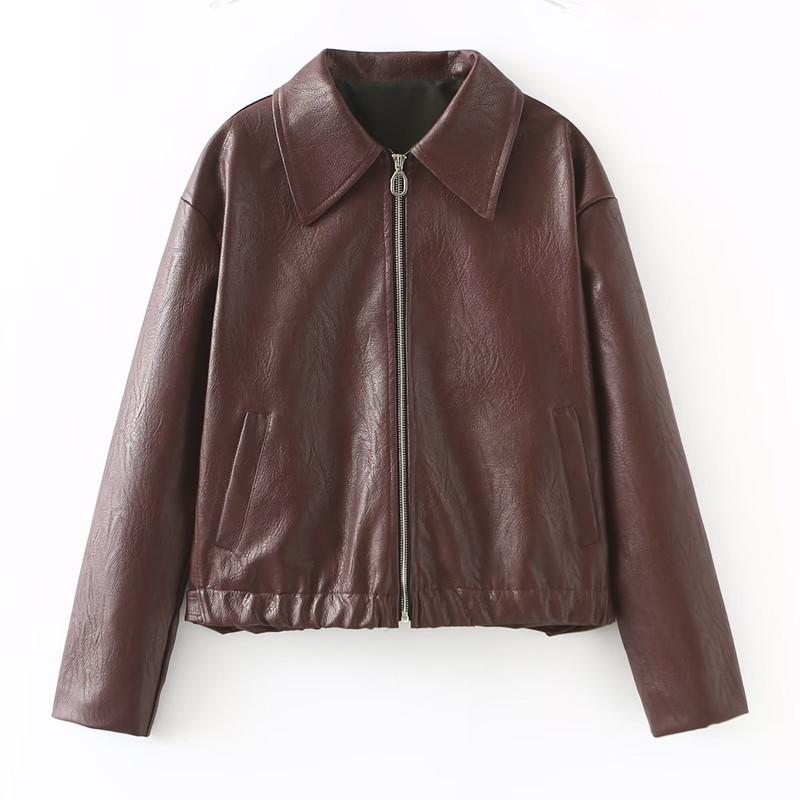 Zip Leather Jacket Women Leather Jacket Women Casual Lapel Vintage Coat