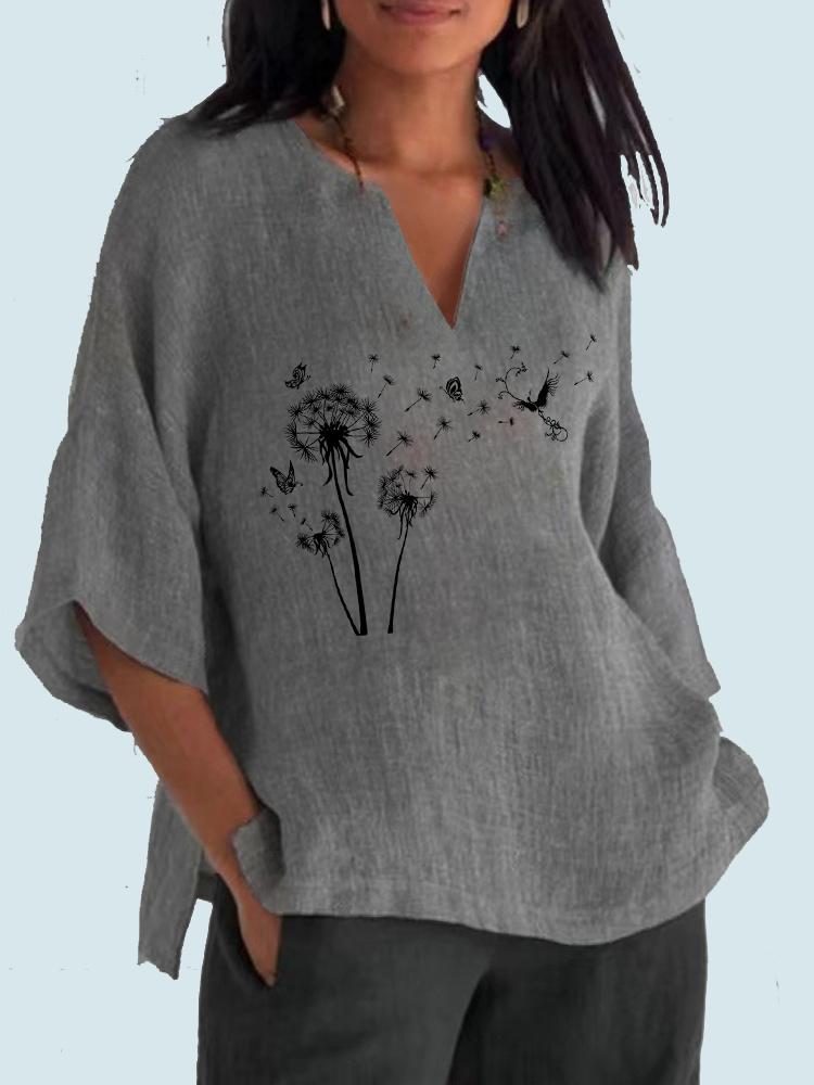 

Женская модная блузка с V-образным вырезом и принтом, длинный рукав 3/4, хлопковая льняная рубашка, женский пуловер, свободные топы 2XL серый