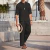 Cotton Linen Blend Retro Elegant Men's Two-piece Casual V-neck Henry Long Sleeved Shirt Drawstring Pants Autumn Set