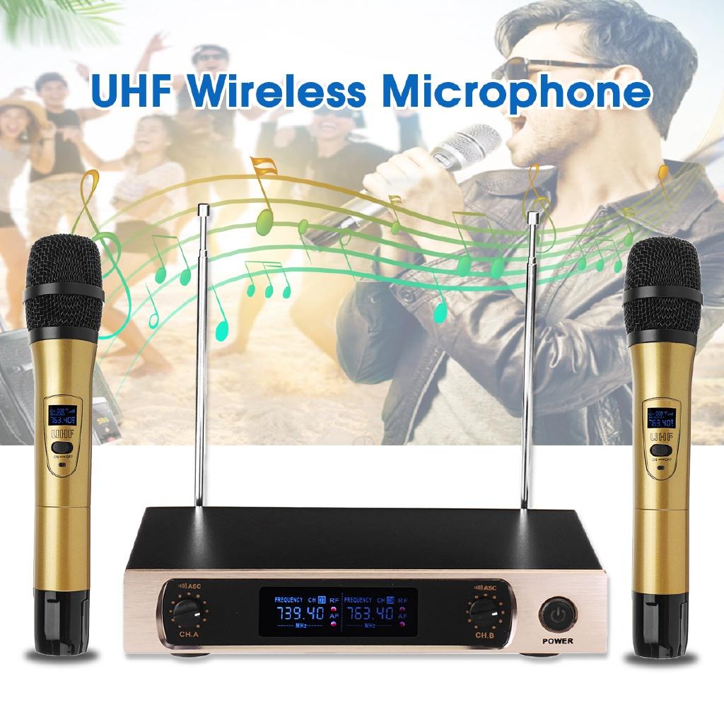 Black/Gold UHF Professional Wireless Microphones System  2Channel LCD Dual Cordless Handheld Mic Karaoke KTV Stage Party Speech