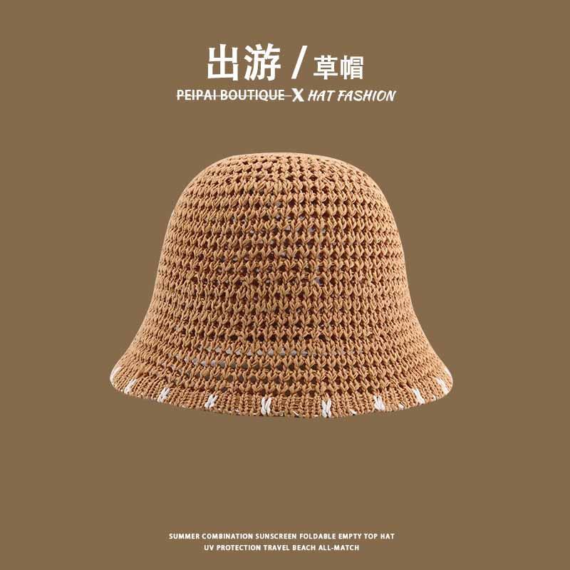Women's Straw Hat Woven Sunshade Beach Hat Summer Hollow Breathable Bucket Hat Beach Sunshade Hat