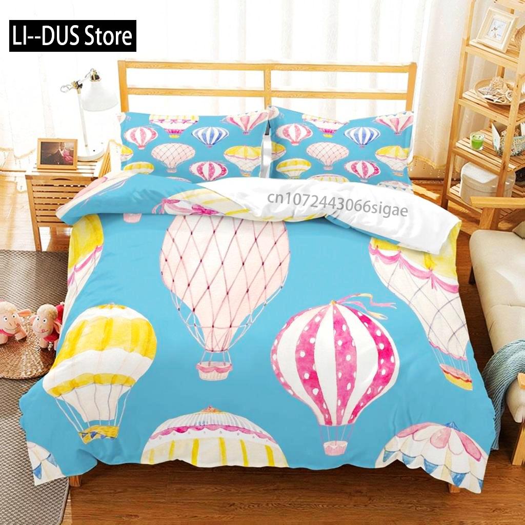 Balloon Duvet Cover Set King Twin Size Polyester Hand Painted Style Floating Hot Air Balloons With Clouds Moon Print Bedding Set