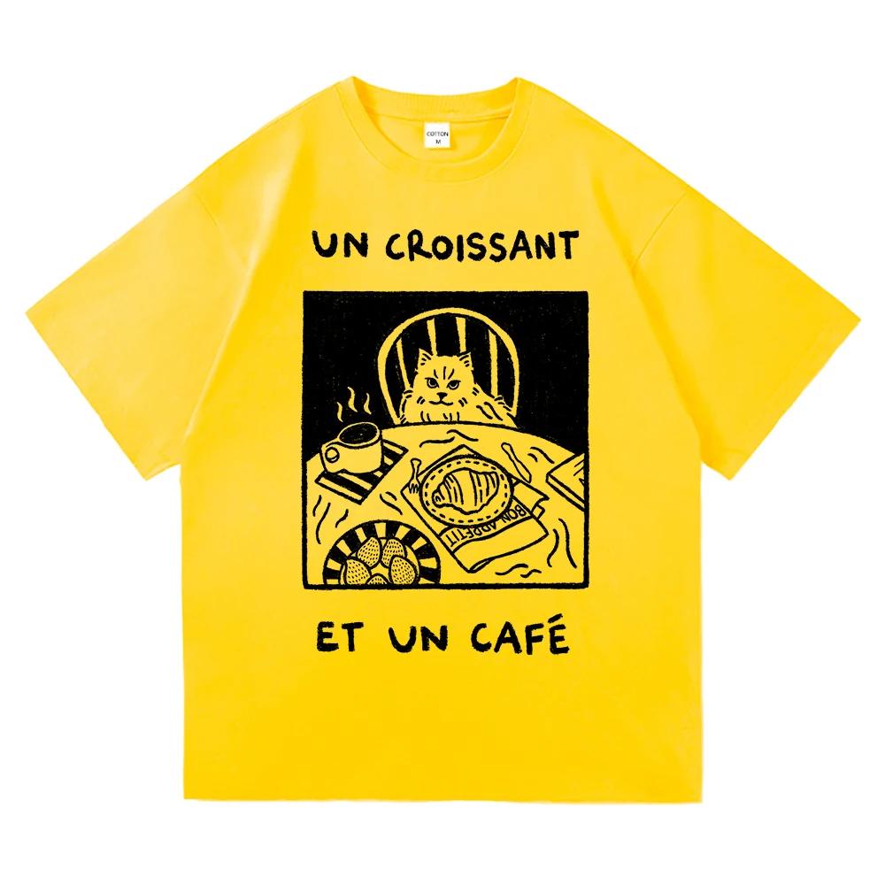 French Cafe Cat T Shirt Fashion Women Summer Funny Letter Un Croissant Et Un Cafe Tshirt High Quality Cotton Tees Shirts