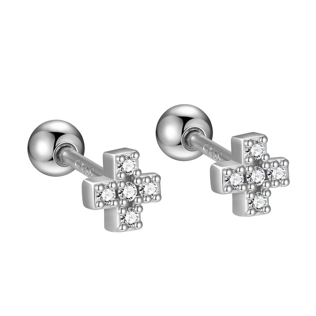 S925 Sterling Silver Inlaid Colorful Zircon Cross Screw Earrings for Women Small Exquisite Temperament Ear Accessories