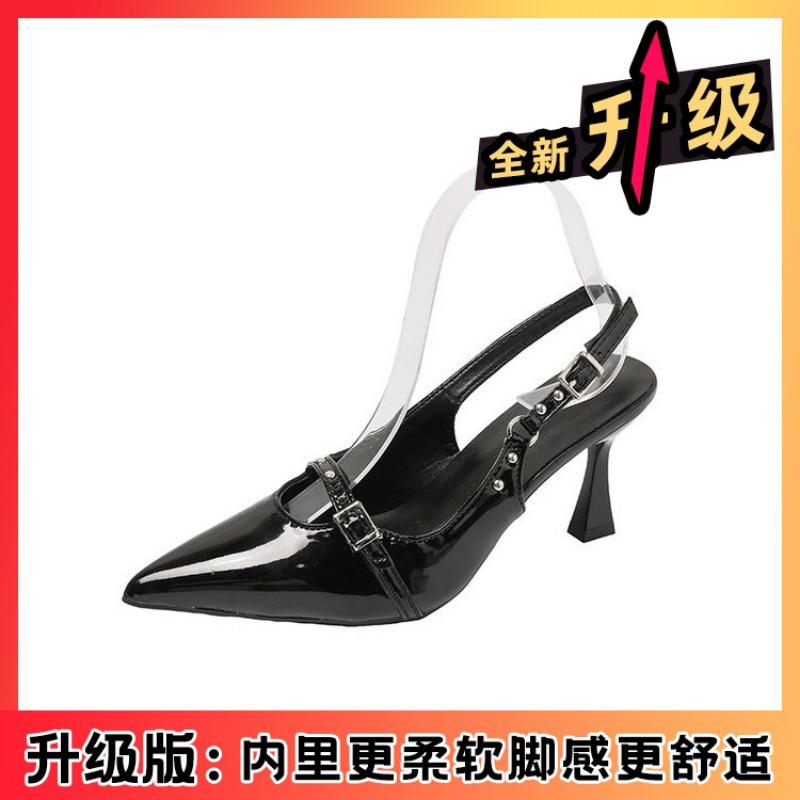 Temperament Shallow Mouth Pointed Head Black High Heels New Bag Head Empty Buckle Single Shoes Fashion Thin Heel Sandals Women