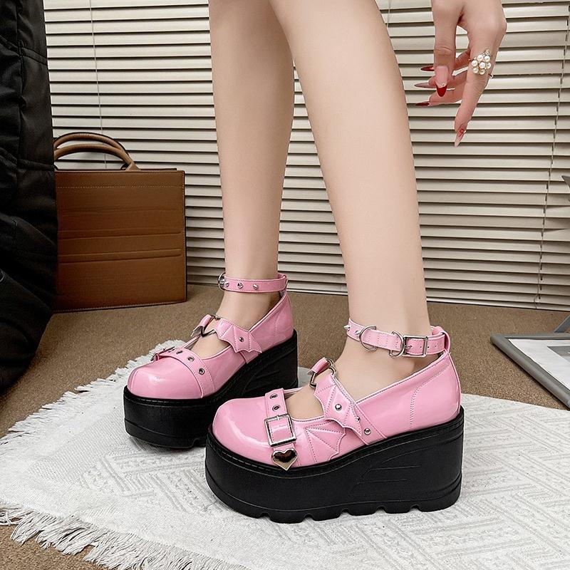 Spring Summer Shallow Rivet Wedge Single Shoes Women's Platform Platform Rivet Metal Buckle Mary Jane Small Leather Shoes