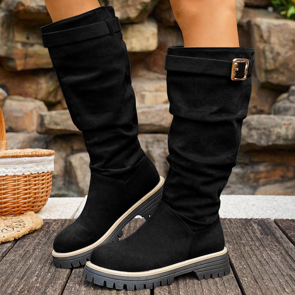 Women's Round Toe Flat Boots Plus Size Round Toe Solid Color Suede Square Heel Retro Knee High Boots Women Sexy Thigh High Boots
