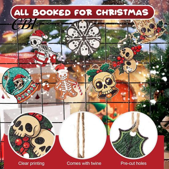 Unique Themed Party Hanging Decor Skeleton Christmas Tree Ornaments, 3.15 Inch Skull Dark Wooden Decorations Gothic Spooky Xmas Gifts Supplies