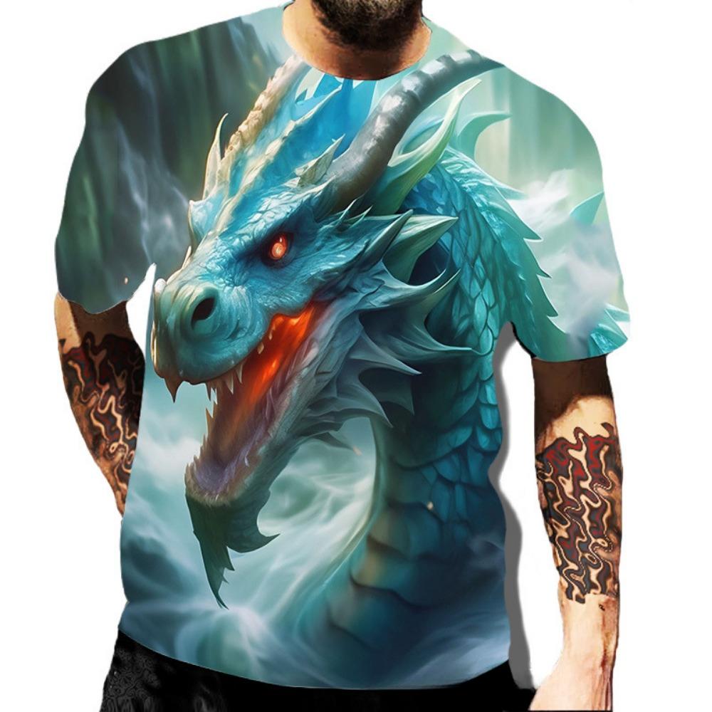Summer Round Neck 3D Dragon Series Print Top Fashionable Casual Short Sleeved Men's T-shirts