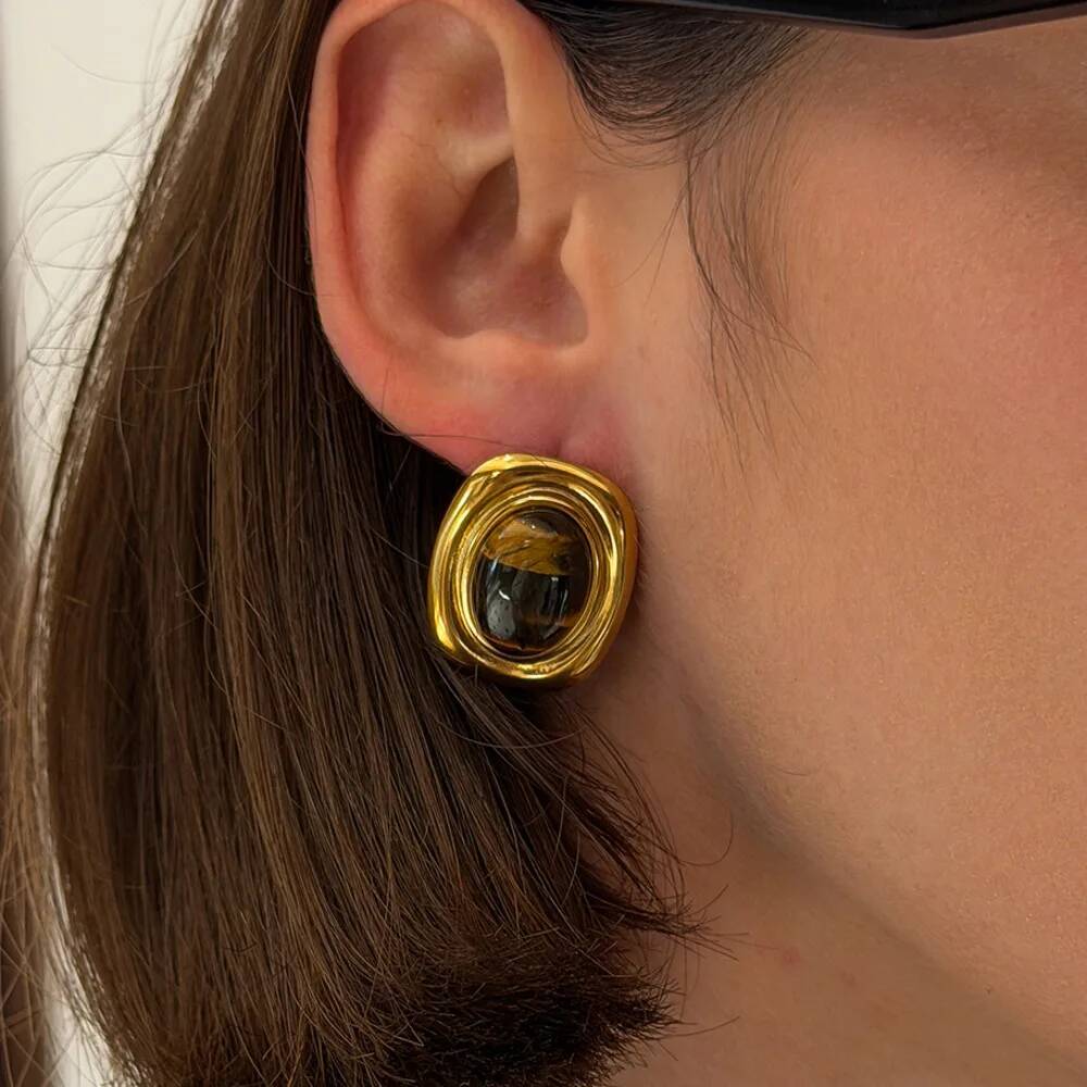 SHIXIN 2026 Exquisite 18K Gold Plated Stainless Steel Stud Earring Women Vintage Square Natural Stone Earring Waterproof Jewelry